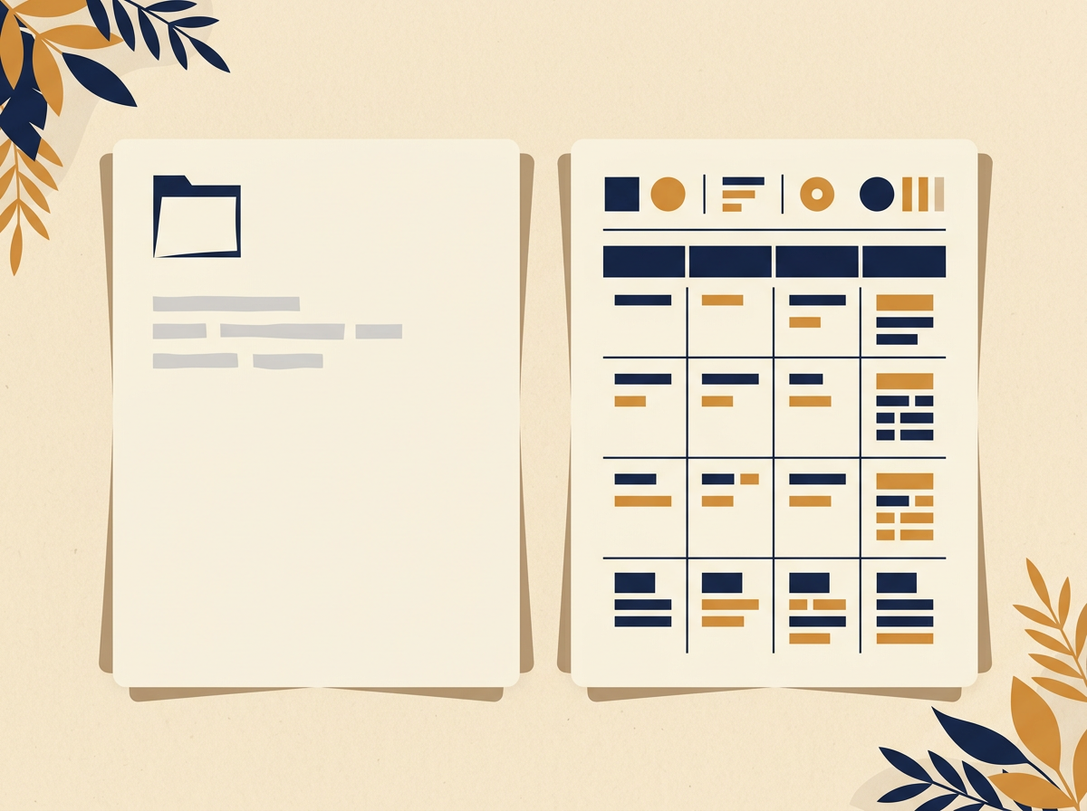 Editorial illustration of a side-by-side comparison: a sparse, vague activity entry card on the left and a structured, detailed activity entry card with role, hours, weeks, and impact bullets on the right, on a warm cream background.