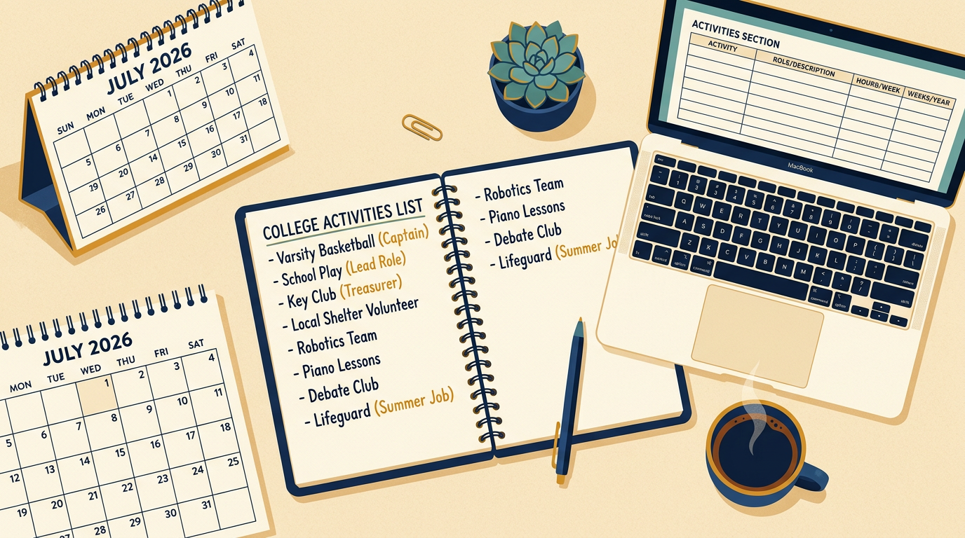 Editorial illustration of a college activities list workspace with a notebook of bulleted activity entries, a laptop showing a Common App style form, a coffee cup, and a July 2026 desk calendar on a warm cream background.