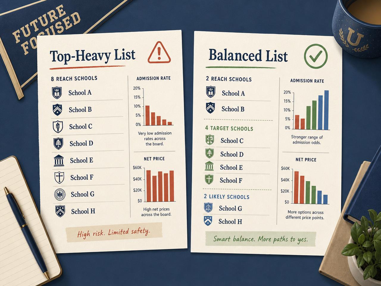 Editorial illustration comparing a top-heavy college list of eight reach schools on the left with a balanced list of two reach, four target, and two likely schools on the right, with admission-rate and net-price bar charts under each list.