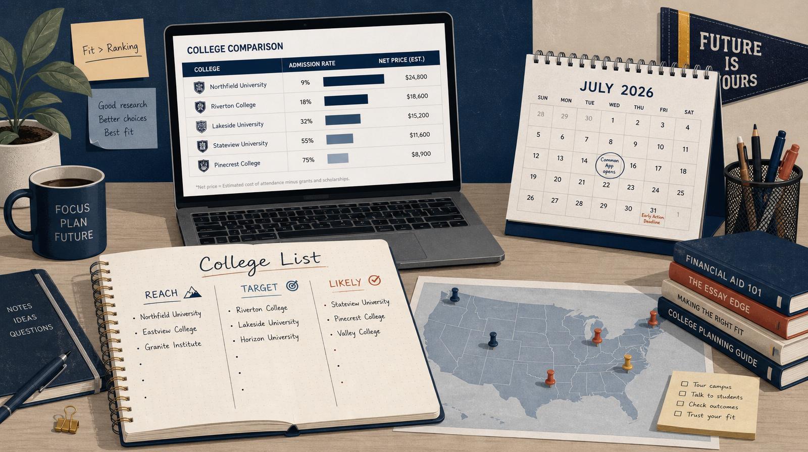 Editorial illustration of a rising senior's balanced college list workspace with a notebook showing reach, target, and likely columns, a laptop comparing admission rates and net price, a pinned U.S. map, and a July 2026 desk calendar marking the August 1 Common App open.