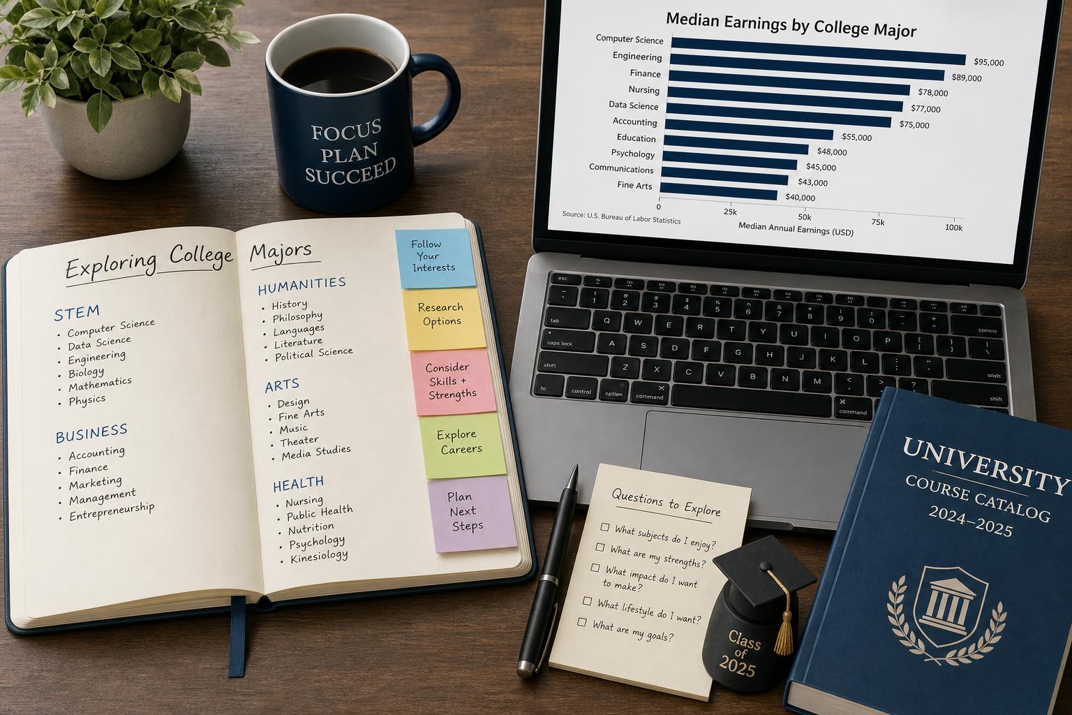 Overhead desk scene with an open notebook listing college major categories, color-coded sticky notes, a course catalog, and a laptop showing a bar chart of median earnings by college major.