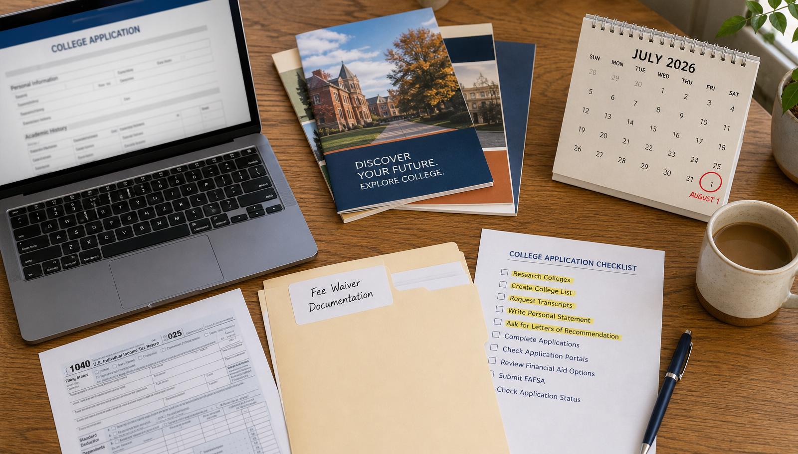 Editorial flat-lay of a college application fee waiver workspace with laptop, 1040 tax form, Fee Waiver Documentation folder, checklist, and a July 2026 desk calendar with August 1 circled in red.