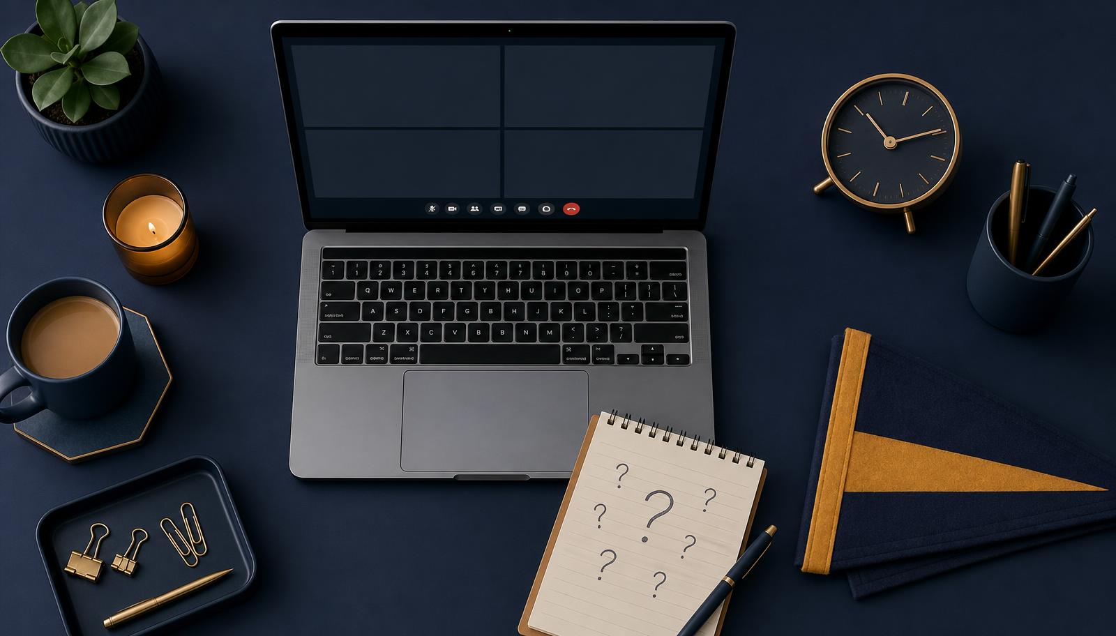 Desk with a laptop open to a video call, a notepad of college interview questions, and a clock