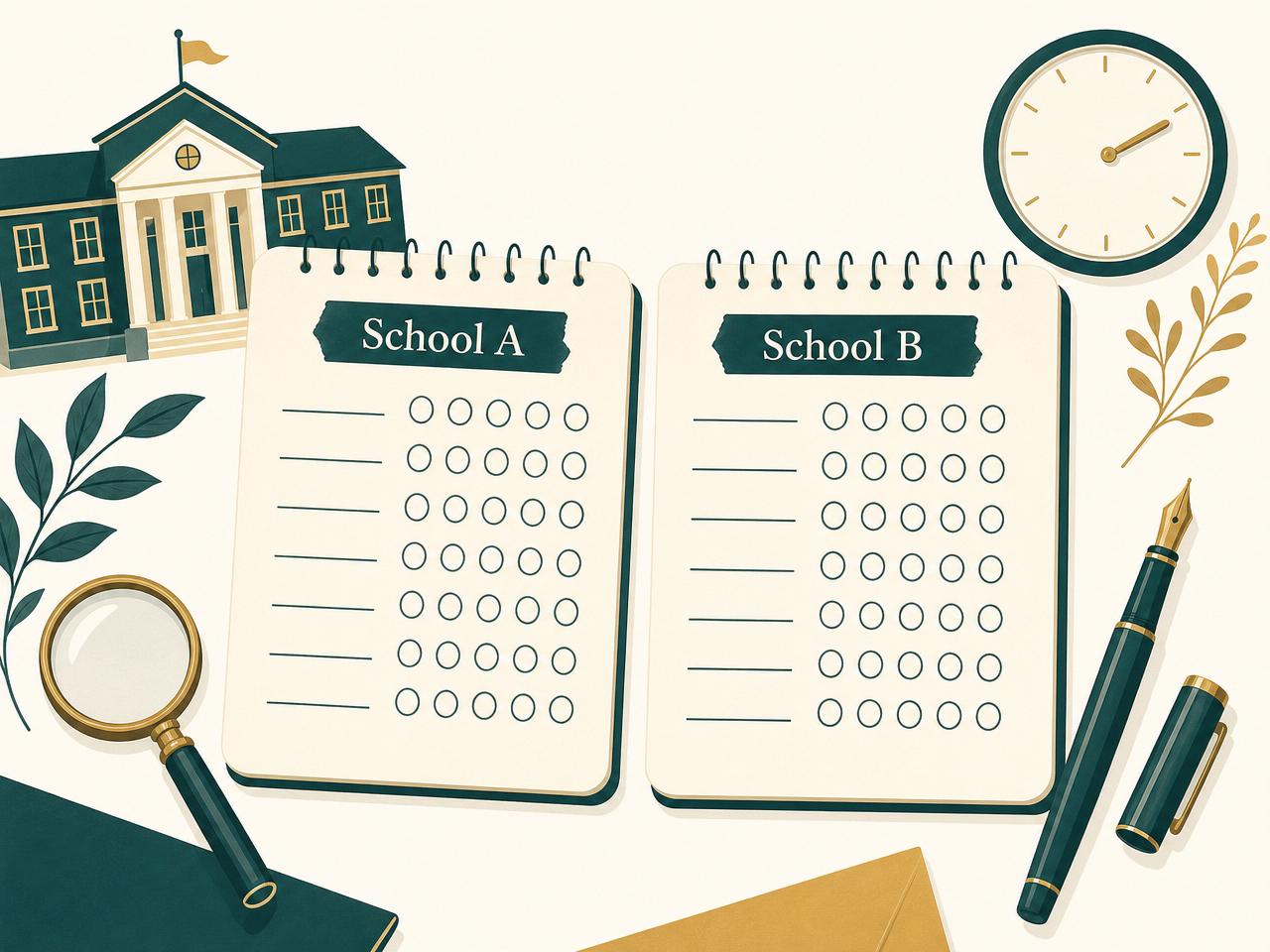 Editorial illustration of a side-by-side college visit comparison worksheet labeled School A and School B with rating dots, a magnifying glass, and a deep teal fountain pen on a cream background.