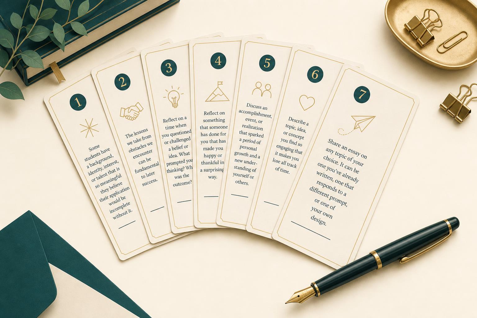 Editorial illustration of the seven Common App essay prompts for the 2026-27 cycle laid out as numbered cream cards on a writing desk with a deep teal fountain pen.