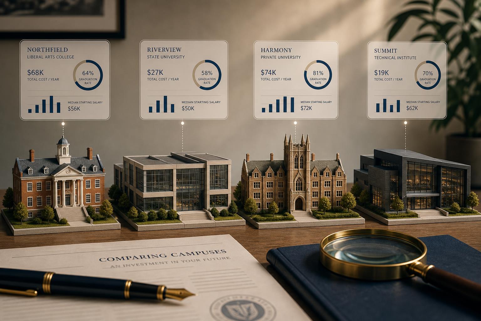 Four miniature college campus buildings side-by-side on a desk with floating data cards showing cost, graduation rate, and earnings.