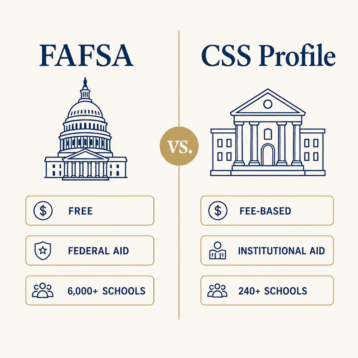 Side-by-side comparison graphic of FAFSA and CSS Profile: FAFSA is free and drives federal aid at 6,000+ schools; CSS Profile is fee-based and drives institutional aid at roughly 240+ schools.