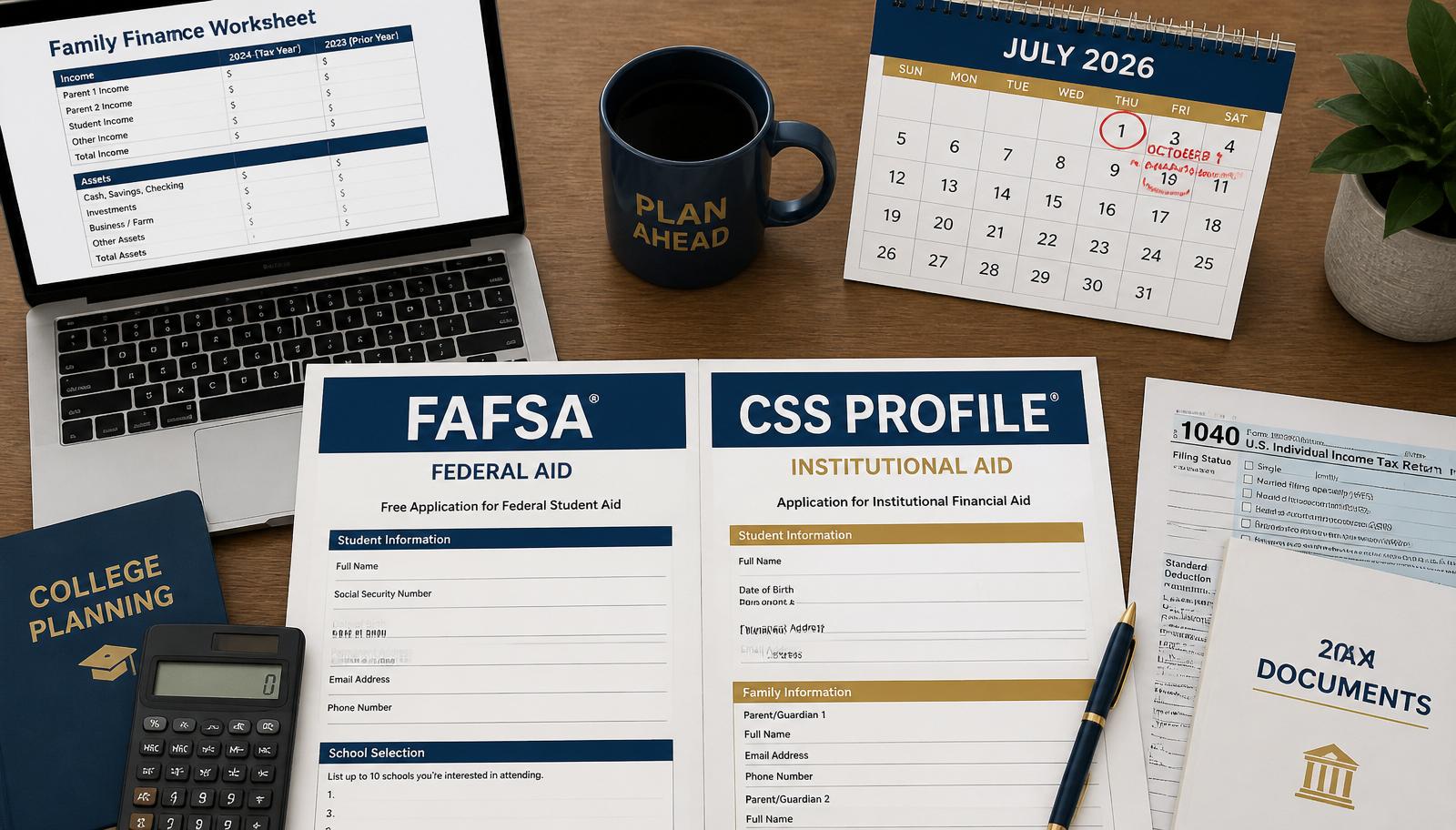 Editorial flat-lay showing a FAFSA form and a CSS Profile form side by side on a wood desk with a laptop, calculator, 1040 tax form, and a July 2026 calendar circling October 1.