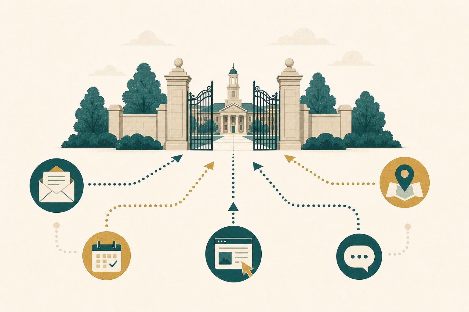 Editorial illustration of a university gate on a cream background with dotted-line pathways representing demonstrated interest signals — emails, campus visits, portal clicks — converging toward an admissions office.