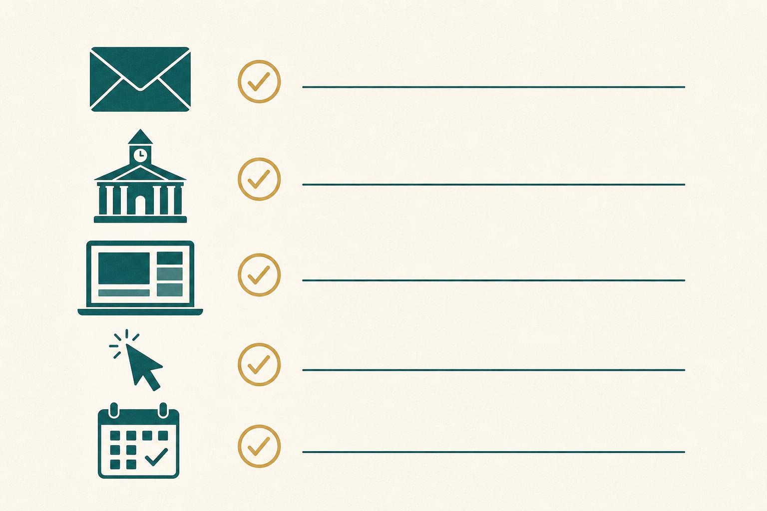 Editorial illustration of five demonstrated interest signals admissions offices count — opening emails, visiting campus, attending a webinar, clicking the portal, and saving deadlines on a calendar — each with a gold checkmark.