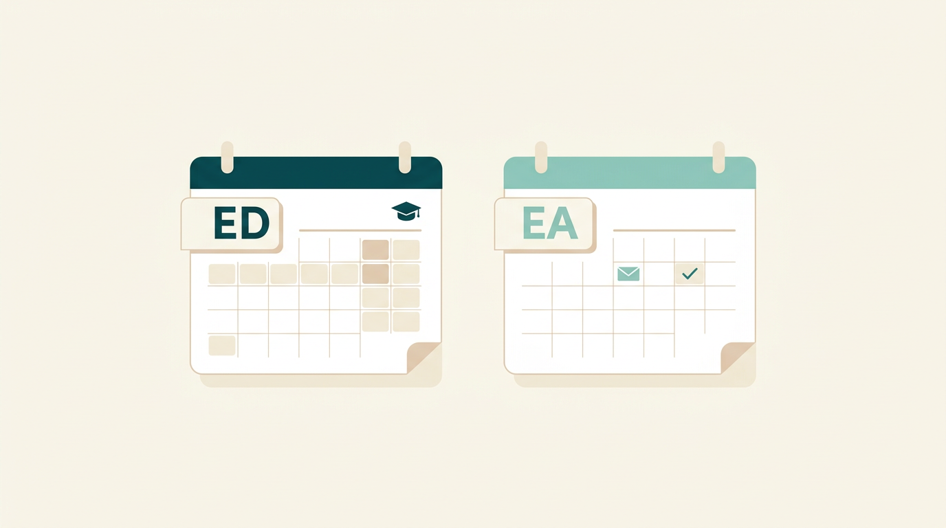 Editorial illustration of two side-by-side calendar pages labeled ED and EA on a cream background, representing Early Decision and Early Action application timelines.