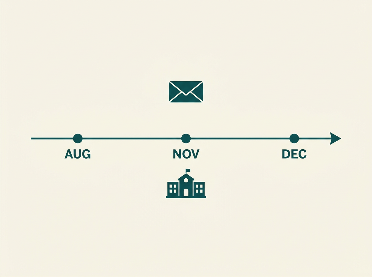 Editorial timeline graphic showing the August, November, and December milestones in a Class of 2027 early-application calendar.