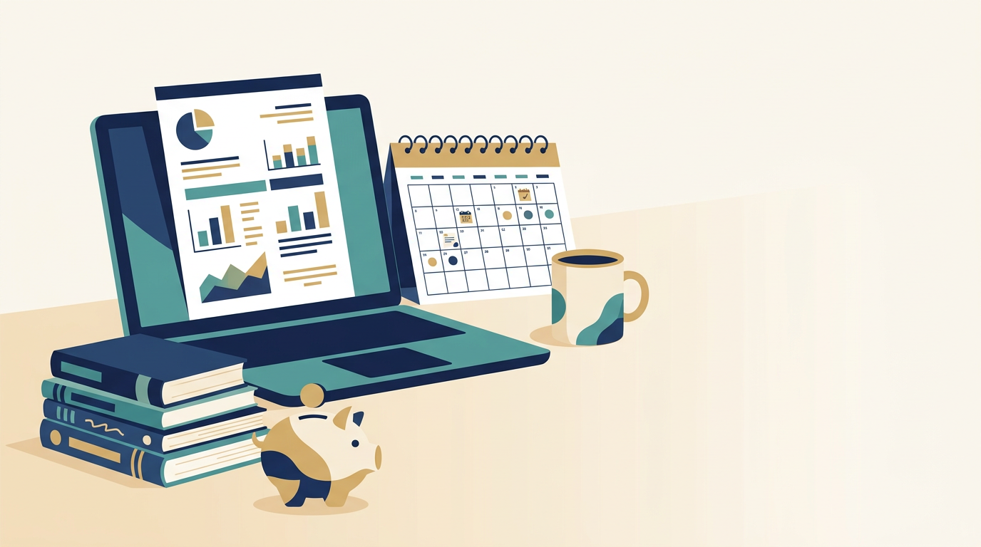 Flat illustration of a desk with a laptop showing a stylized FAFSA award letter dashboard, a wall calendar with deadline markers, a coffee mug, textbooks, and a piggy bank — representing FAFSA 2026-27 planning.