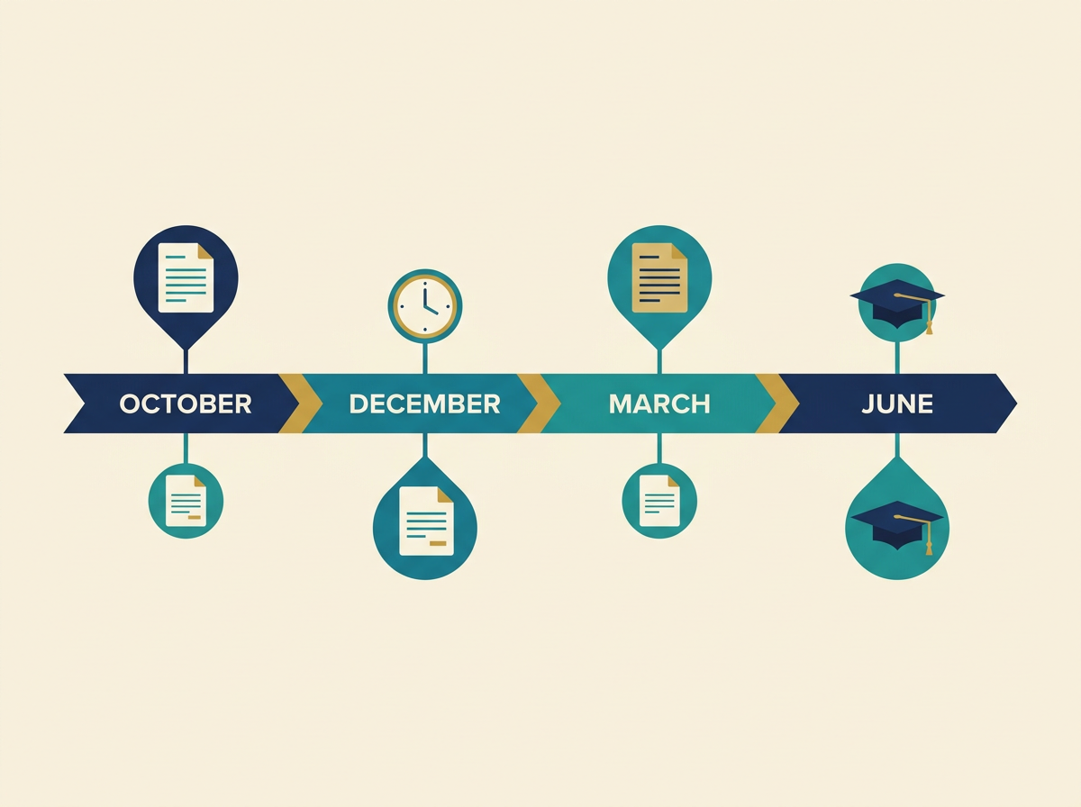 Horizontal infographic timeline of the FAFSA 2026-27 award year with milestones in October, December, March, and June, using navy, teal, and gold accents.