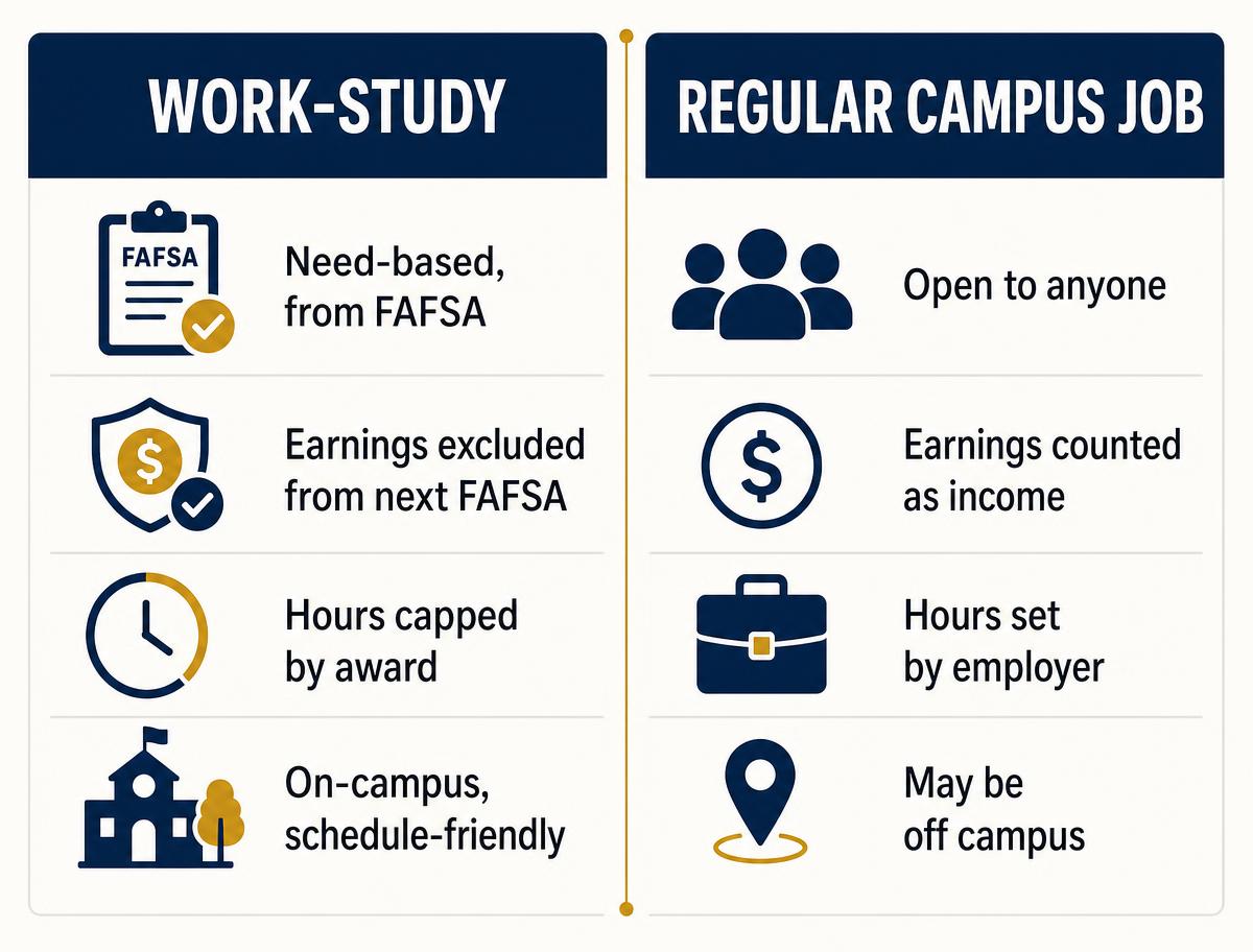 Infographic comparing federal work-study with a regular campus job for college students