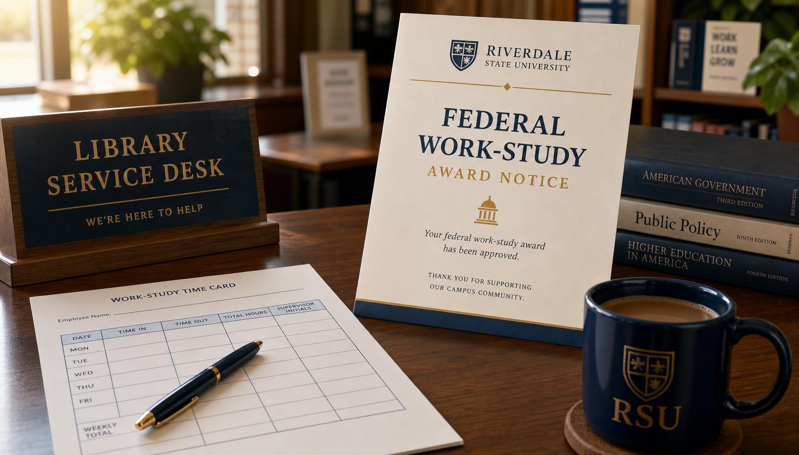Federal work-study award notice and campus job time card on a university library desk