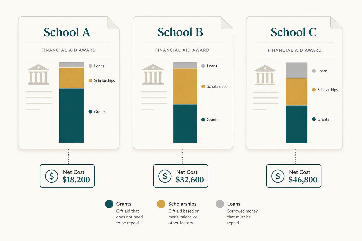 Editorial illustration comparing three financial aid award letters side by side, with each letter broken into grant, scholarship and loan segments and a net cost figure beneath, on a cream background.