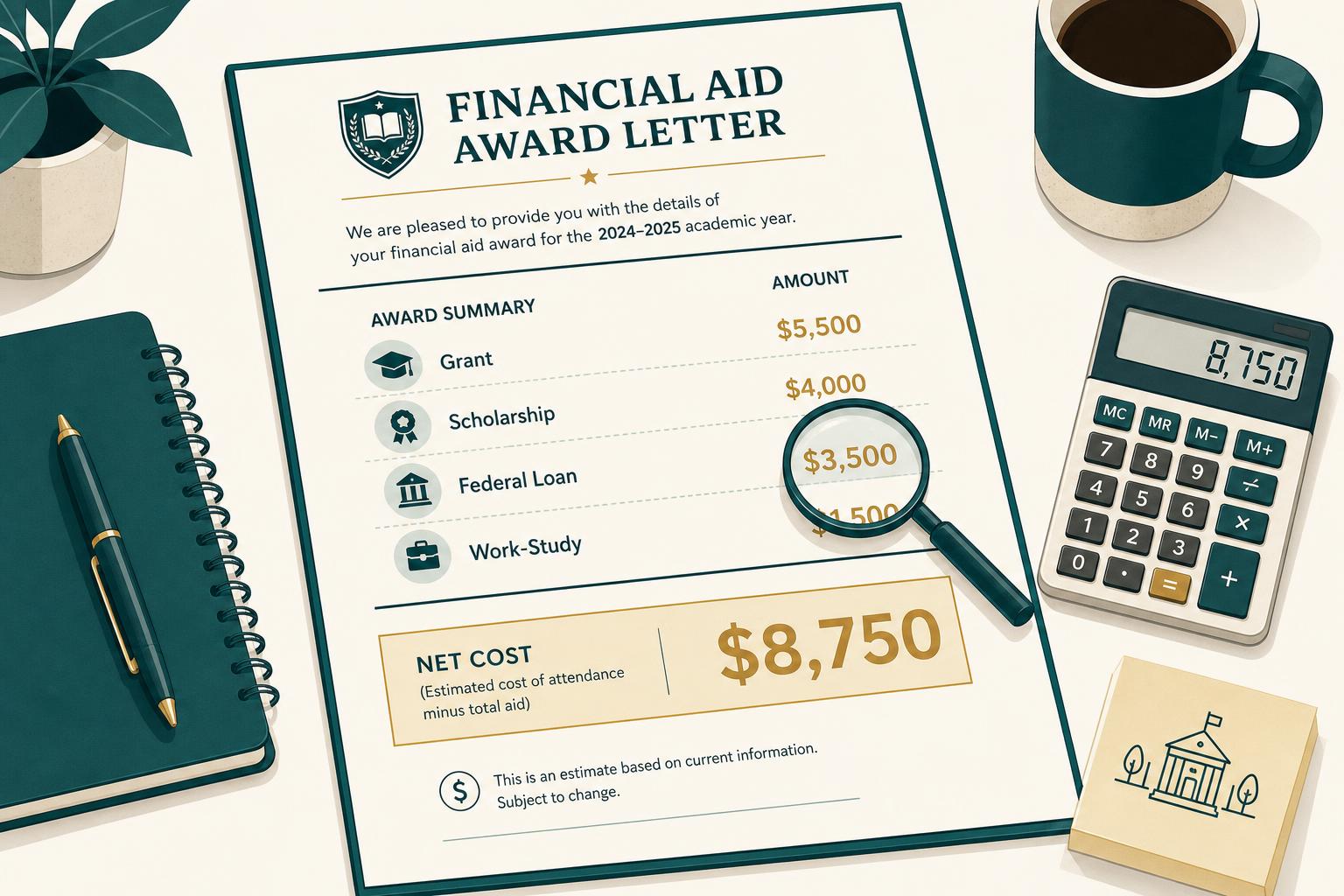 Editorial illustration of a 2026 financial aid award letter on a cream desk, with line items for grant, scholarship, federal loan and work-study, and a highlighted net cost figure beneath a magnifying glass.