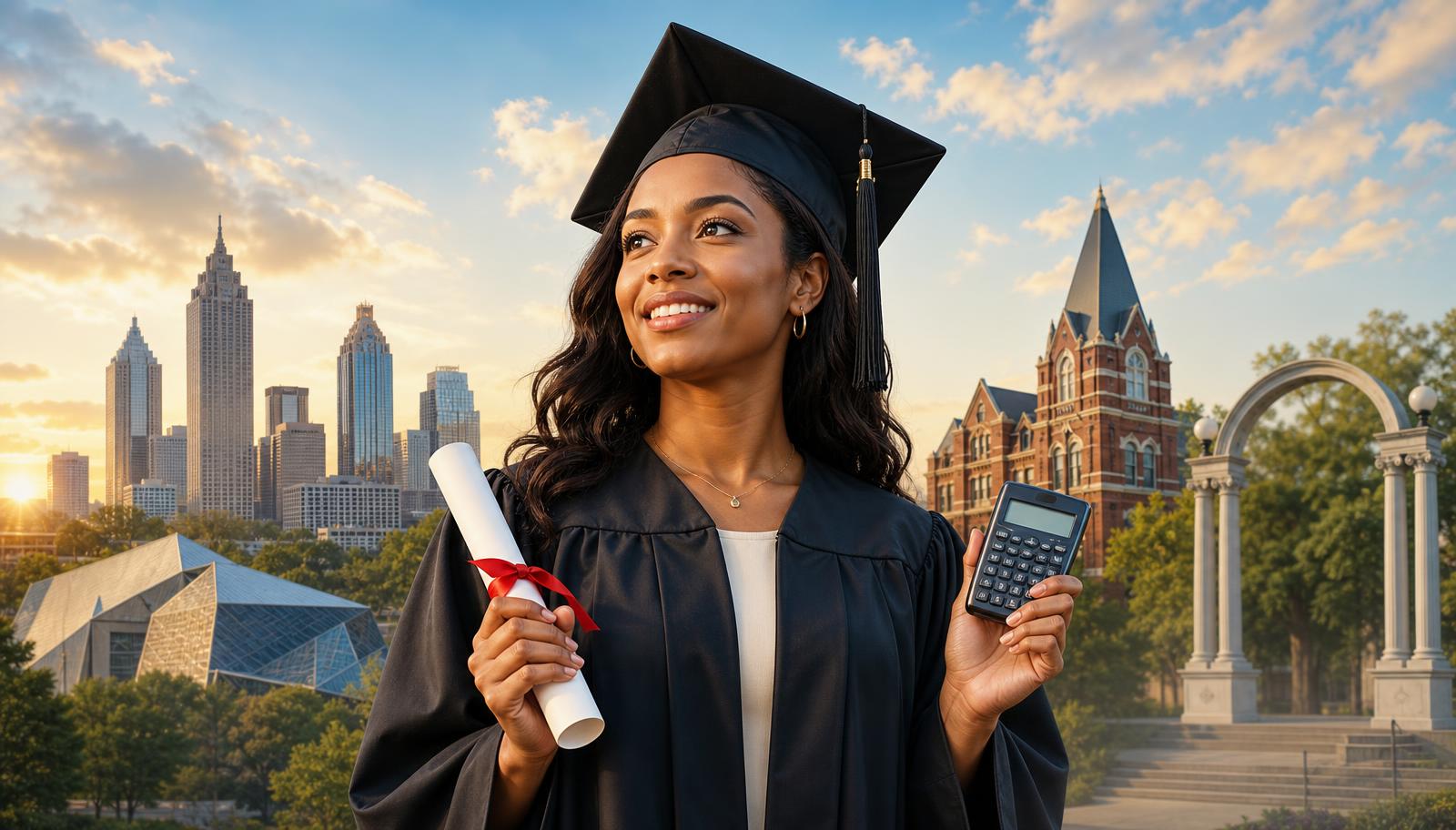 Graduate holding a diploma and calculator with the Atlanta skyline and Georgia college landmarks in the background.