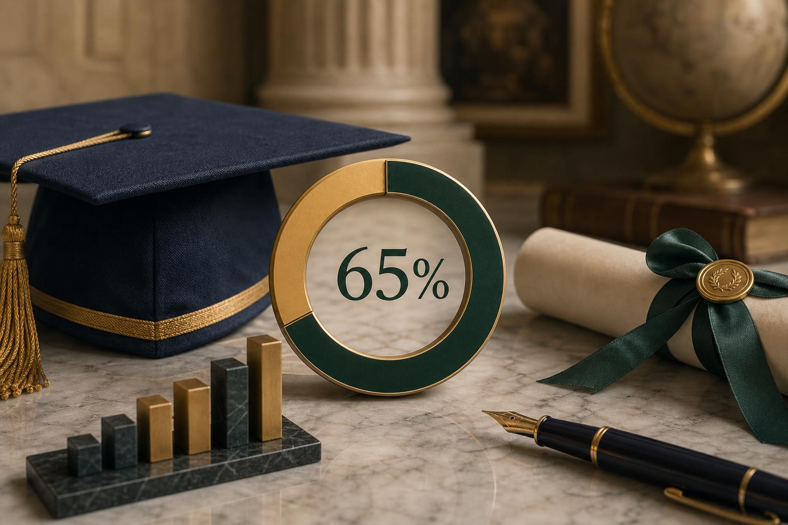 Illustration of a graduation cap with a 65% progress ring beside a rolled diploma.
