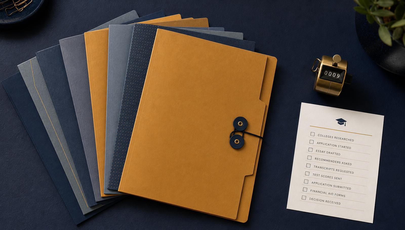 Fan of nine college application folders with a tally counter and application checklist on a navy desk