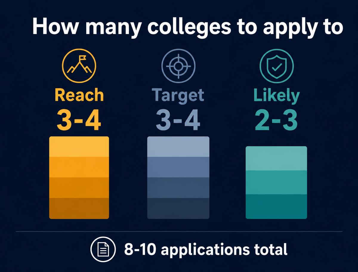 Infographic showing how many colleges to apply to split into reach, target, and likely tiers