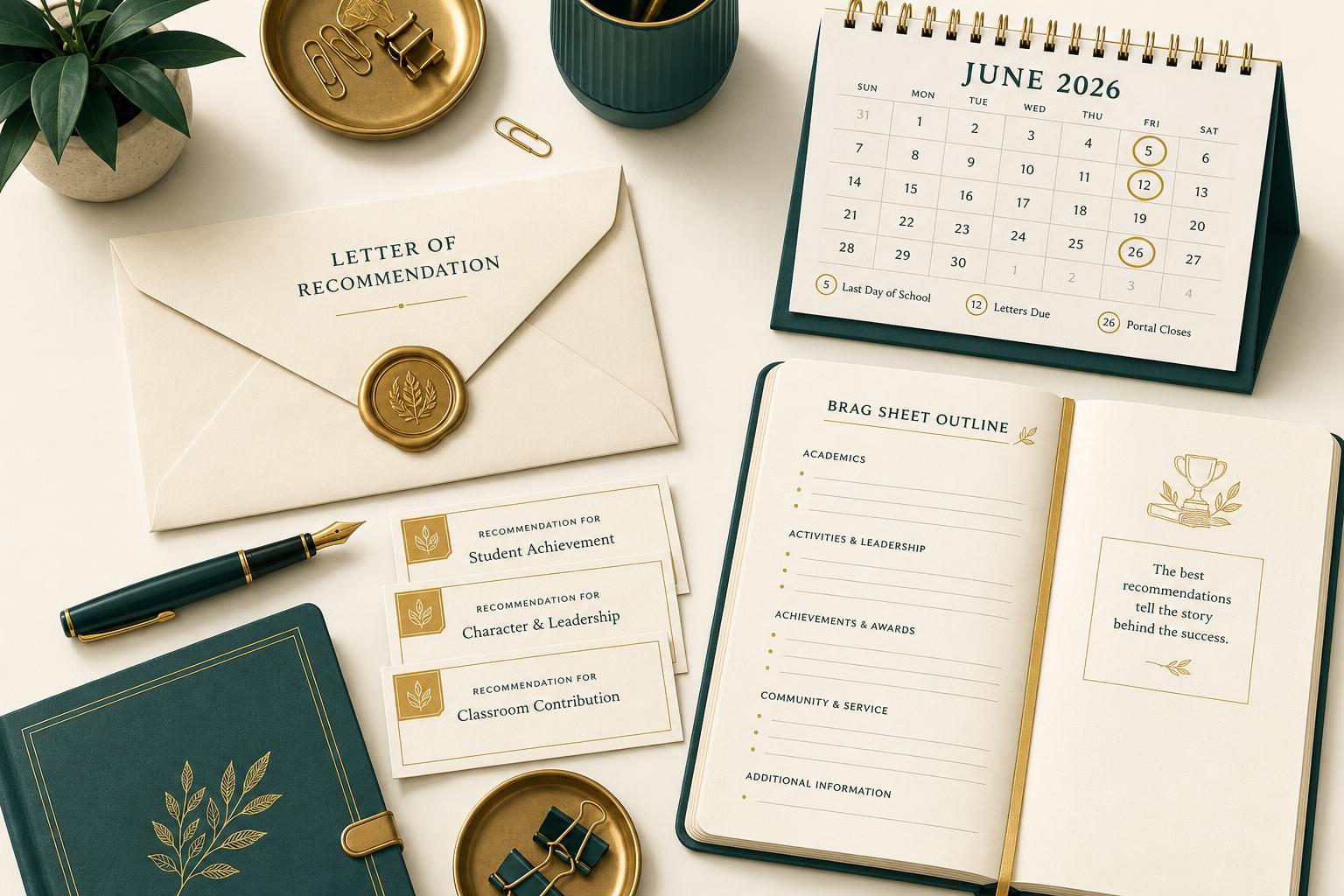 Editorial illustration of a sealed letter of recommendation envelope with wax seal, a fountain pen, a stack of recommendation cards, a June 2026 desk calendar with key dates circled in gold, and an open brag-sheet notebook on a cream background.