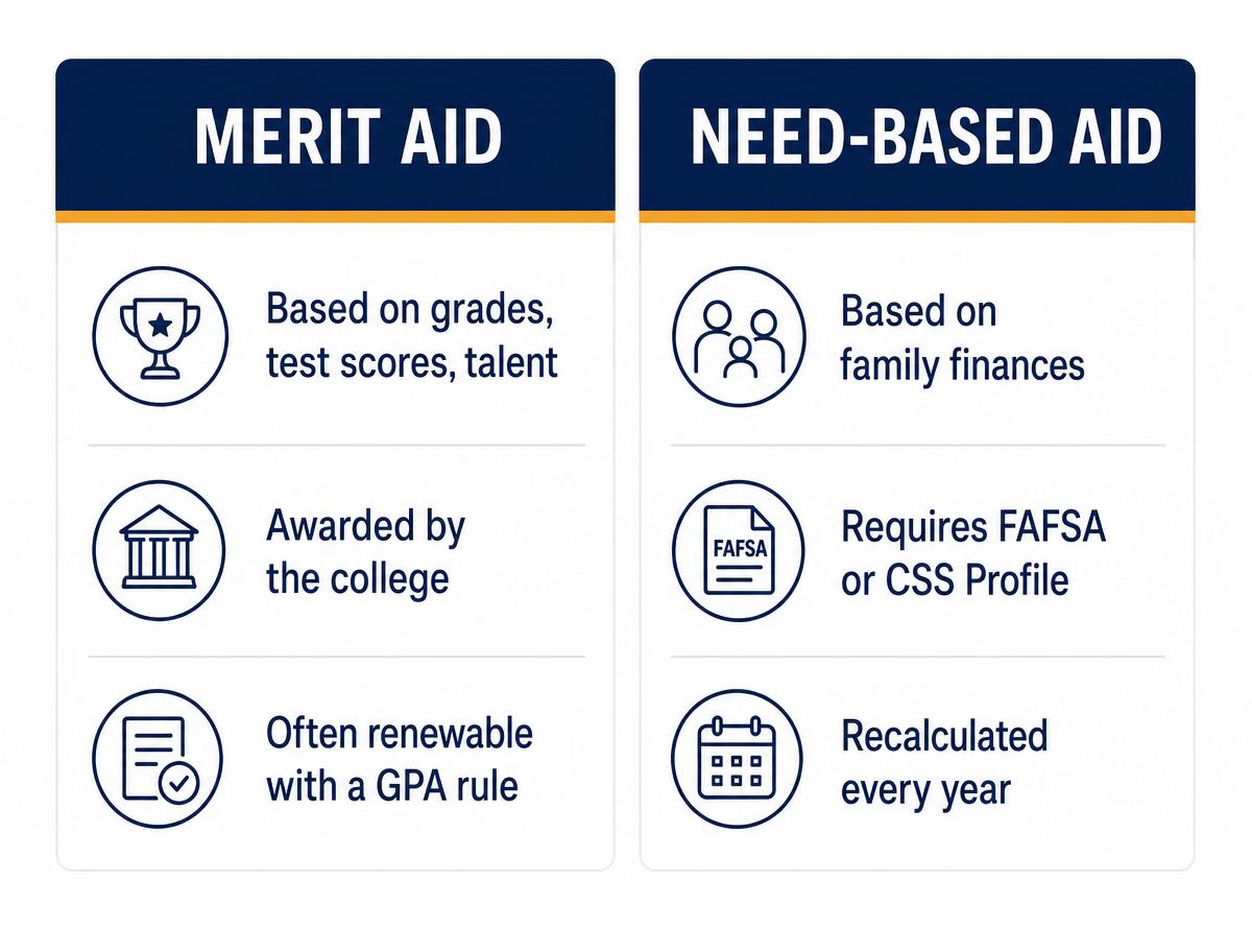 Infographic comparing merit scholarships and need-based financial aid for college students
