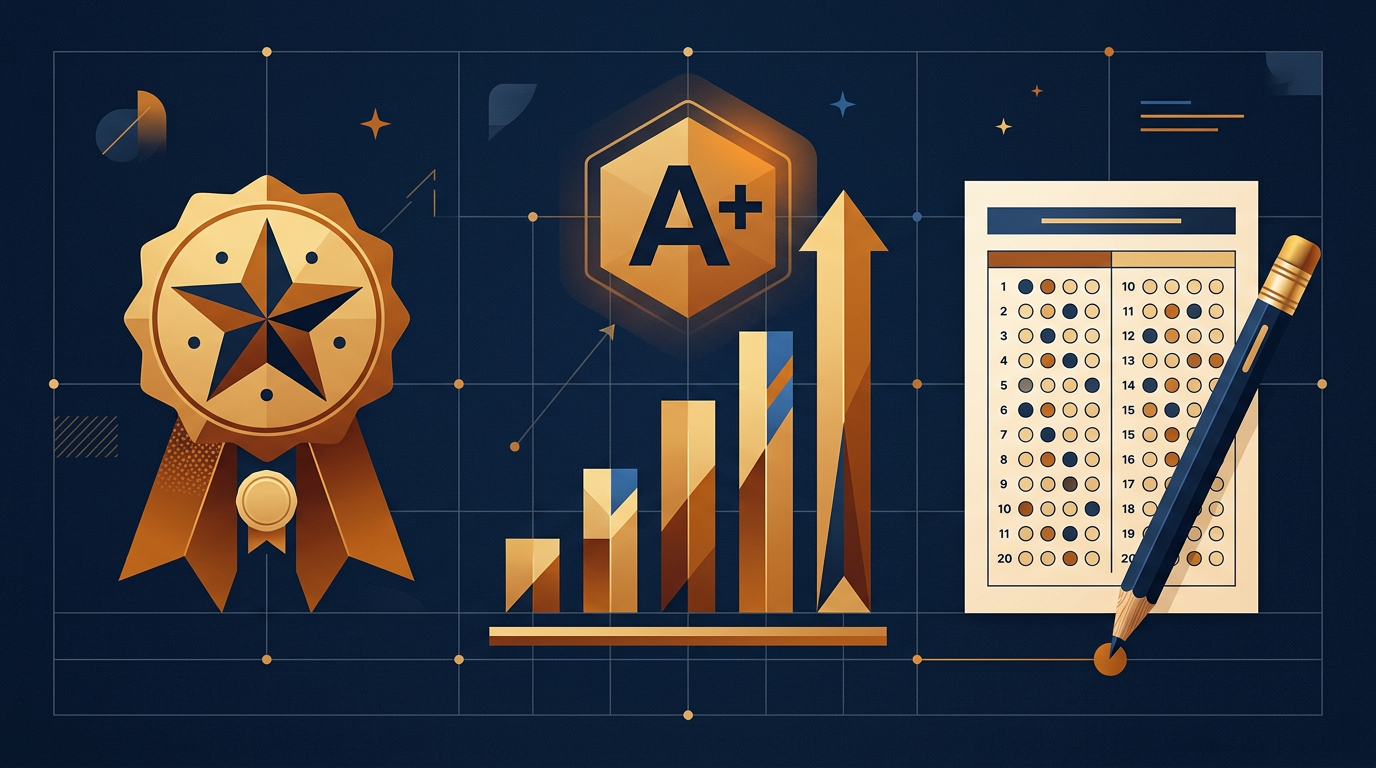 Navy and amber illustration of a scholarship award ribbon, a rising bar chart, and a test answer sheet representing National Merit Scholarship qualification