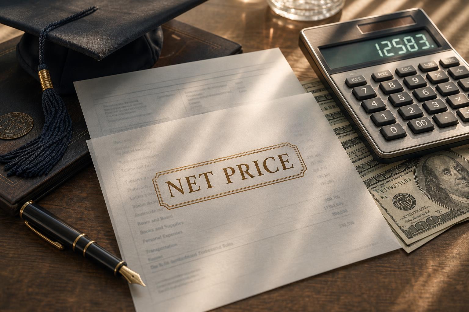 Illustration of a college tuition bill stamped 'NET PRICE' beside a calculator, coins, and a graduation cap.