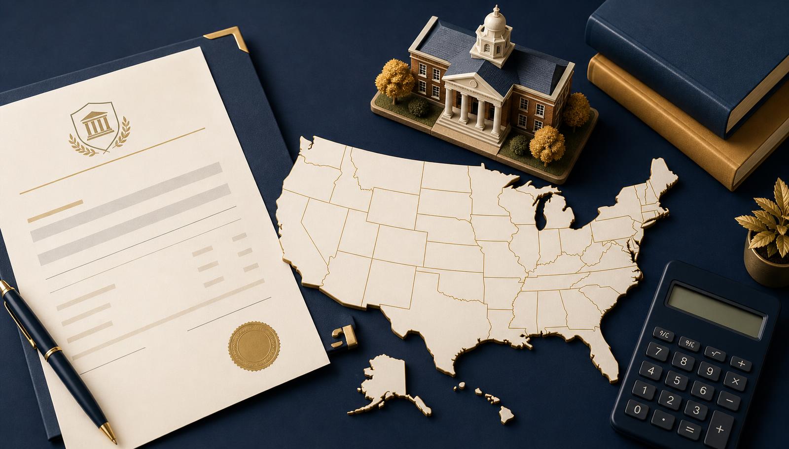 Out-of-state tuition bill beside a United States map and model campus building on a navy desk