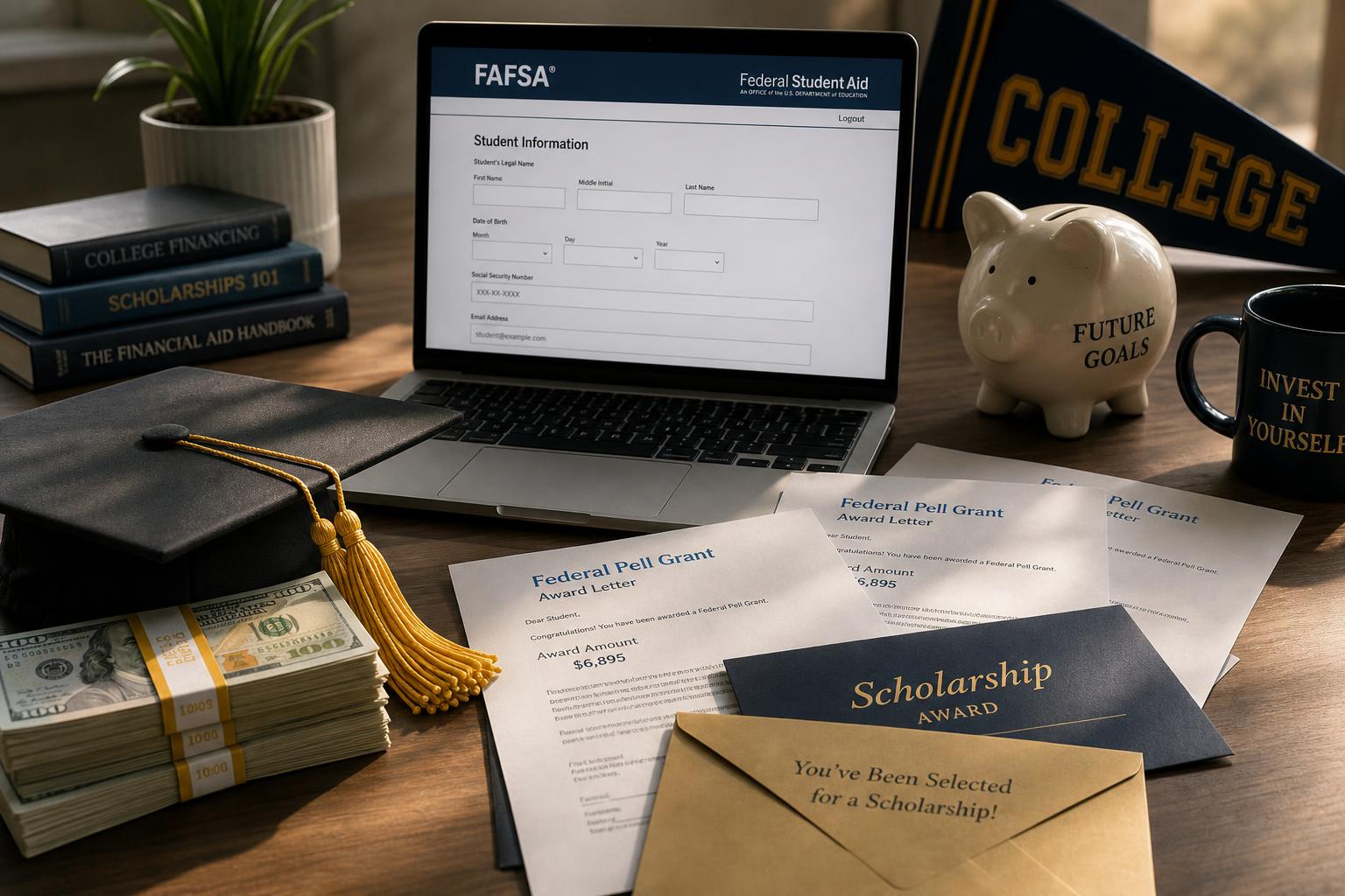 A laptop showing the FAFSA form on a desk with Pell Grant award letters, scholarship envelopes, cash, a graduation cap, and a college pennant.