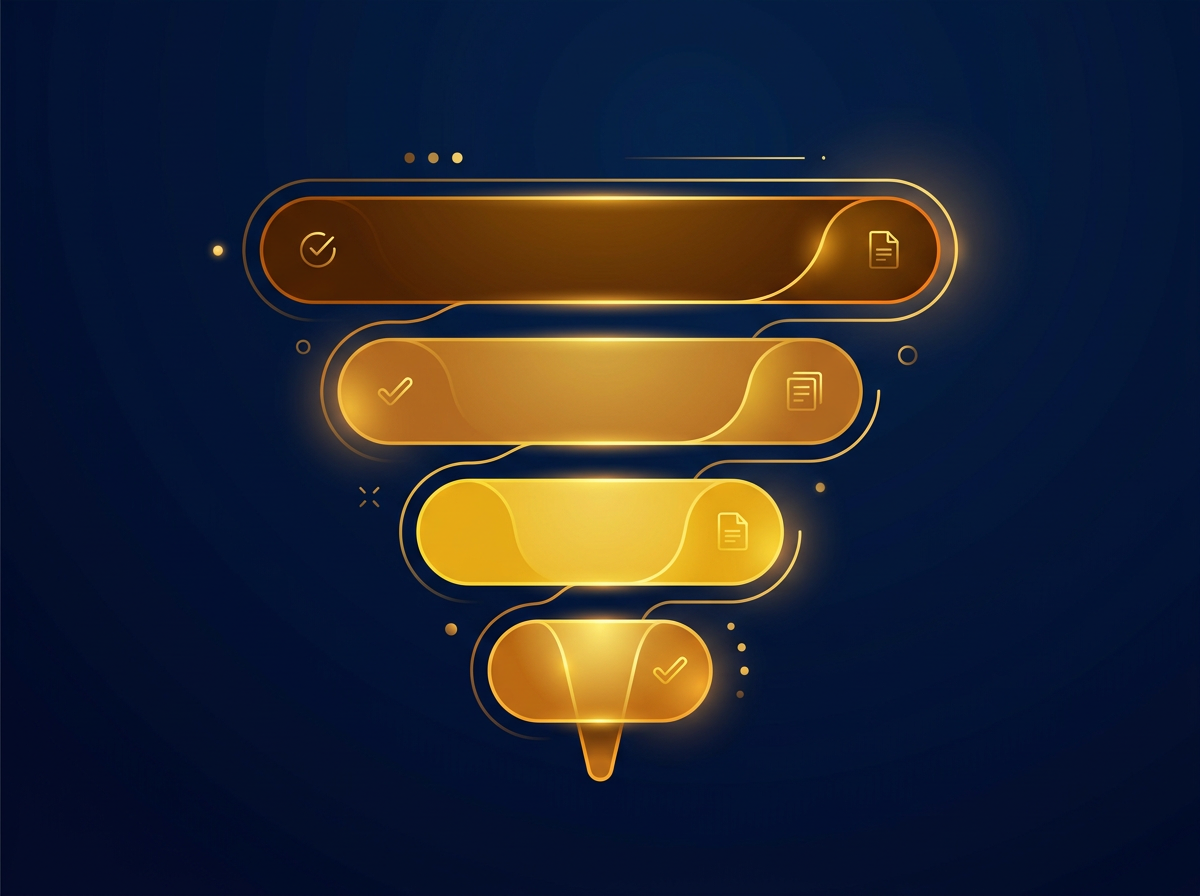 Navy and gold funnel diagram showing the four QuestBridge National College Match stages narrowing from applicant to finalist to ranking to match decision
