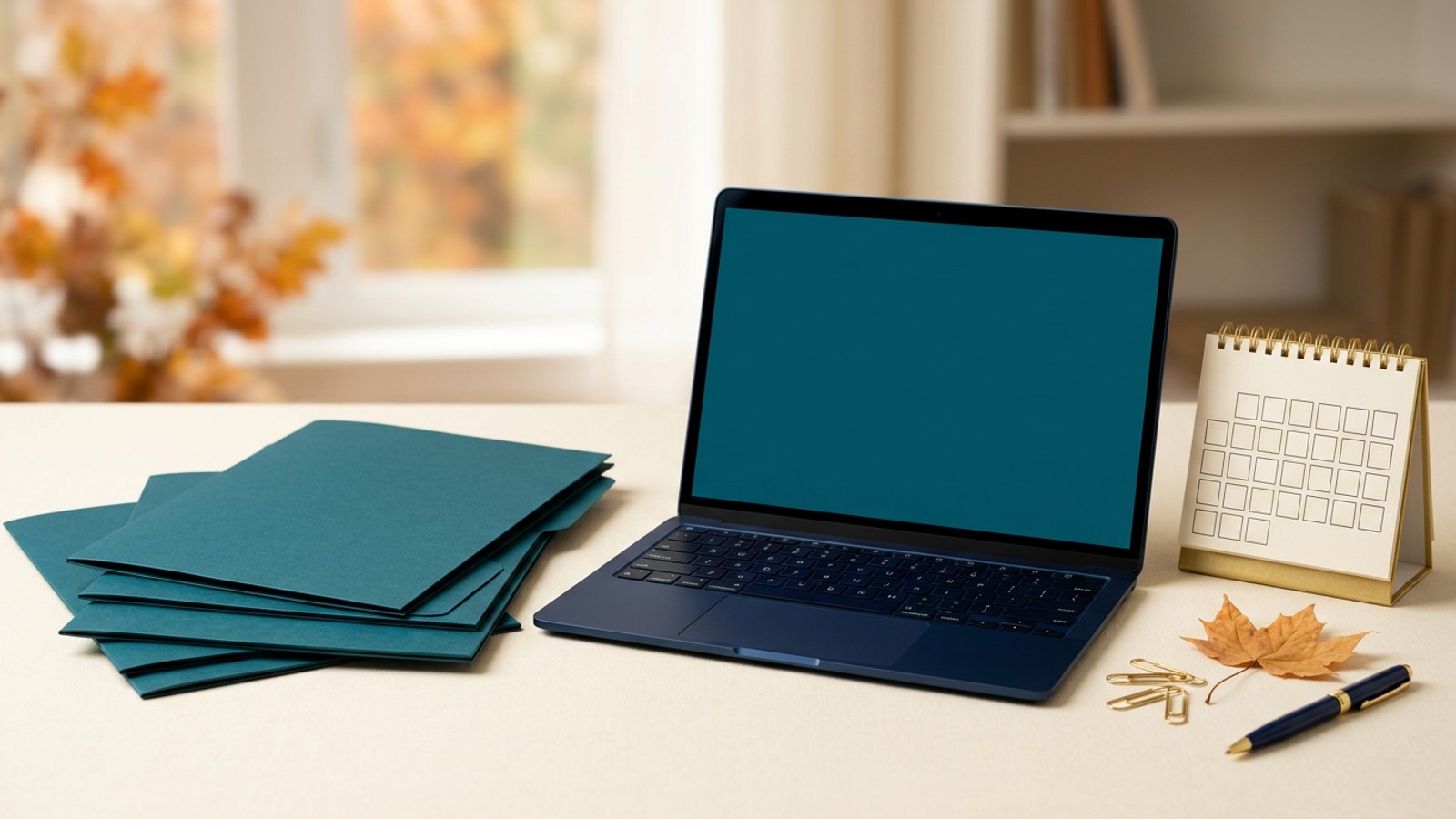 Rolling admission colleges planning desk with teal application folders, a laptop and an October calendar