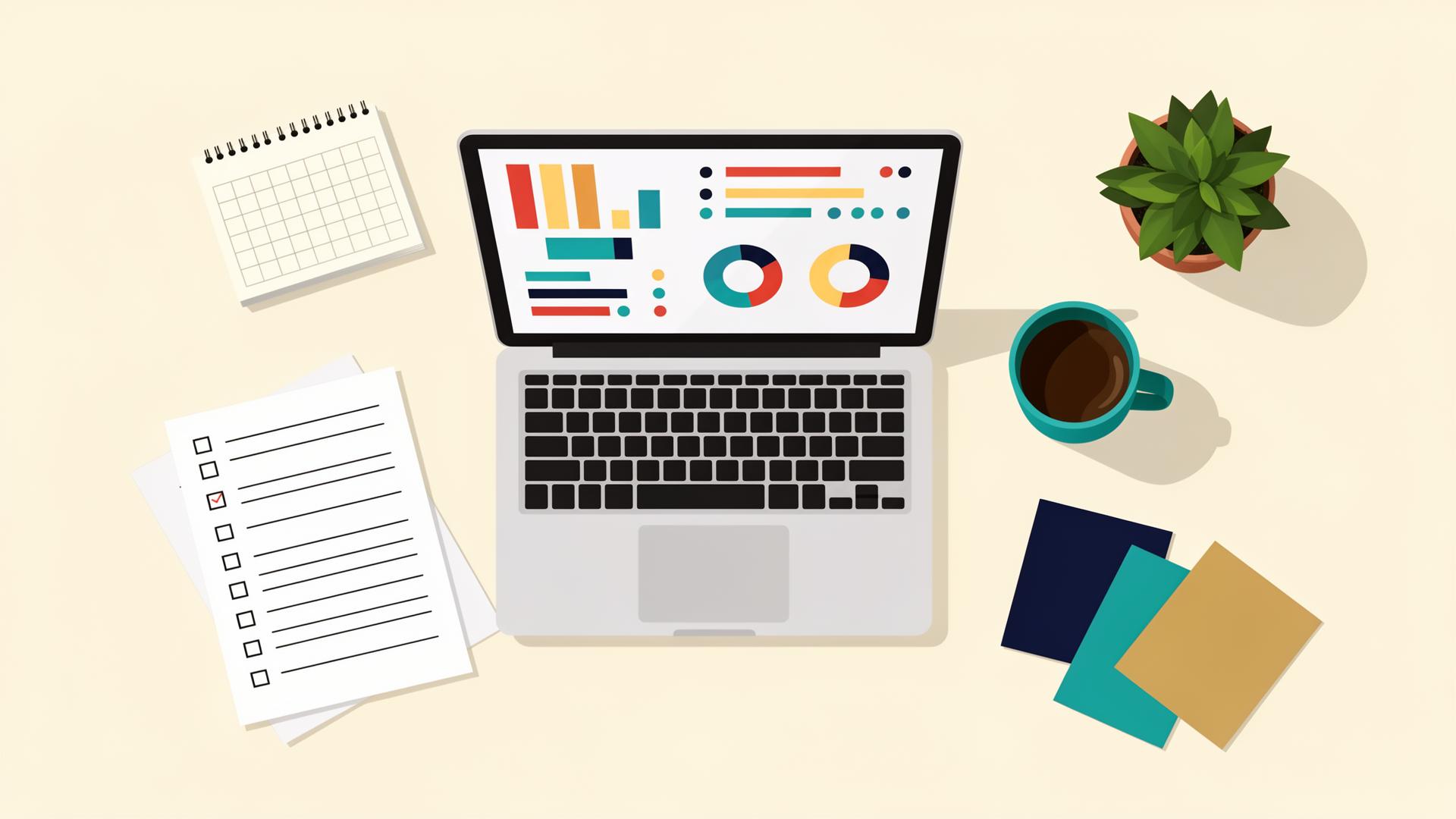 Flat overhead illustration of a summer desk for senior-year college planning: laptop with a dashboard, a checklist with empty checkboxes, a wall calendar, a teal mug, and stacked brochures in navy, teal, and gold.
