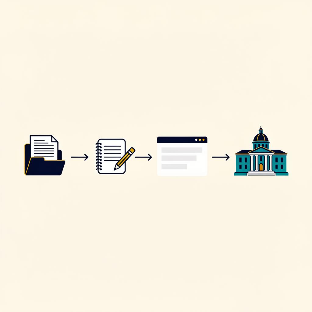 Four-step horizontal timeline for senior summer college planning: transcripts and records, essay drafting, the Common Application opening, and final college submissions.