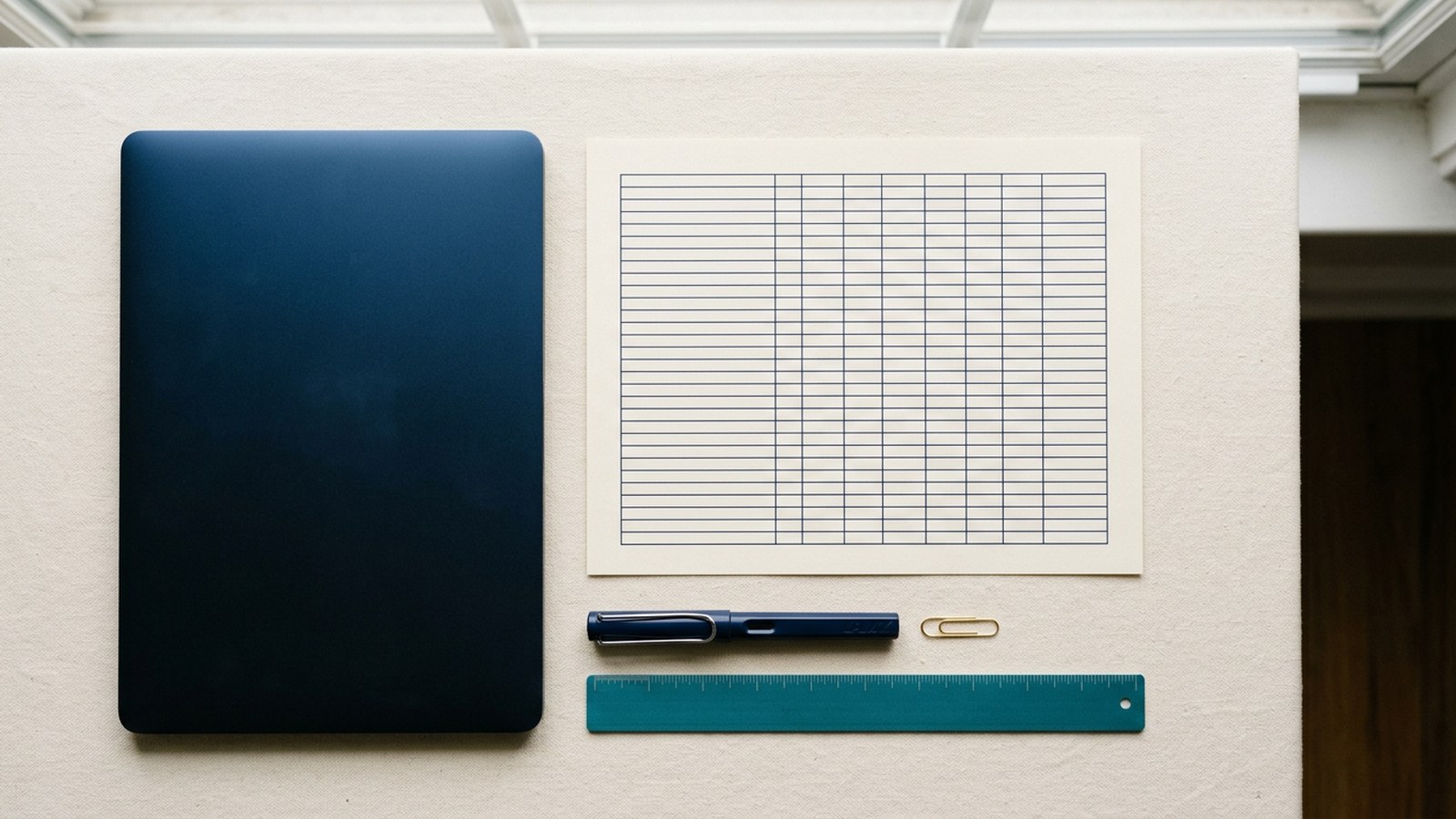 Blank transcript grid sheet beside a navy laptop, pen, and teal ruler for completing a self-reported academic record