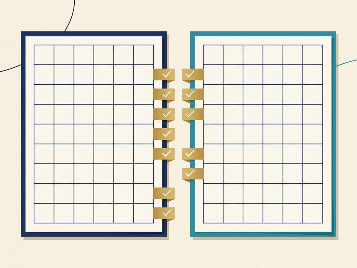 Two blank grid documents joined by gold check tabs, showing how a self-reported record must match the official transcript