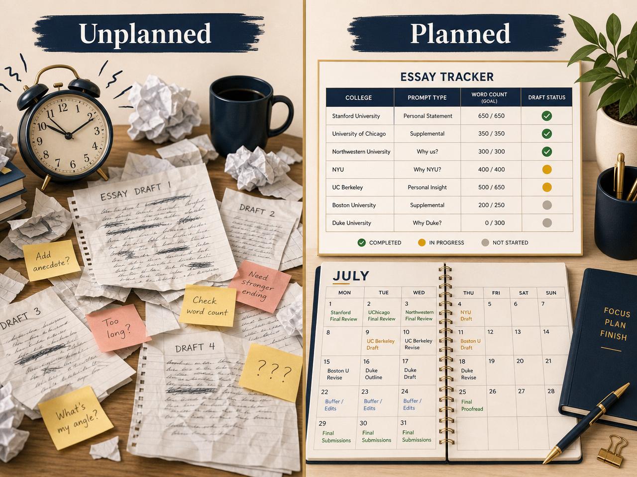 Editorial side-by-side illustration comparing an unplanned pile of crumpled essay drafts with a planned essay tracker showing college, prompt type, word count, and draft status alongside a July calendar of scheduled writing blocks.