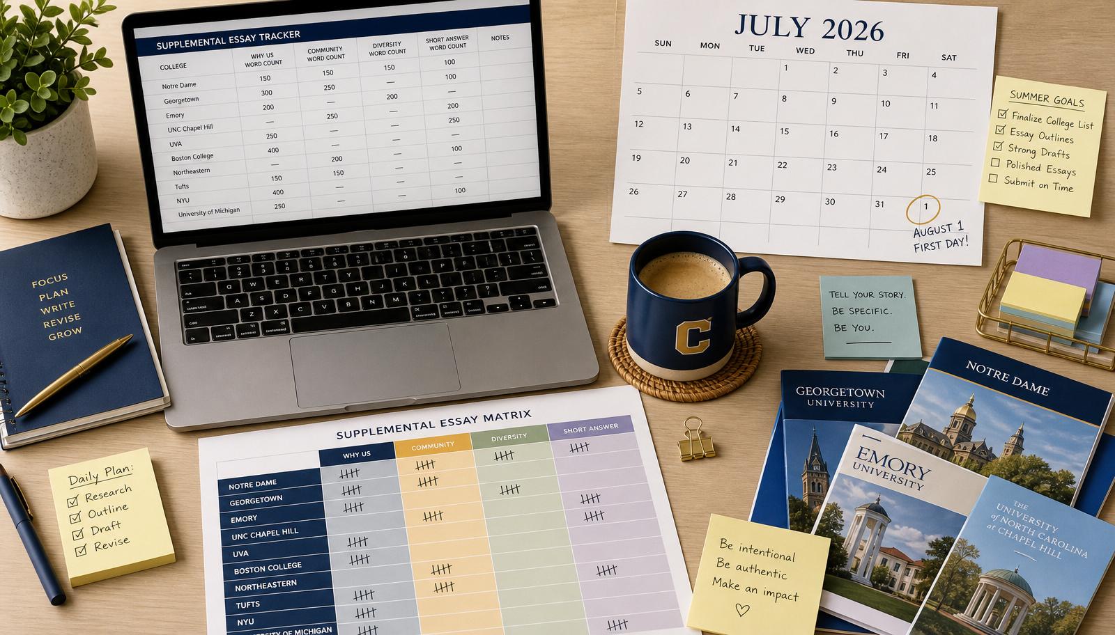 Editorial flat-lay of a Class of 2027 supplemental essay planning workspace with a laptop tracker, a color-coded prompt matrix, a July 2026 calendar circling August 1, sticky notes, and college brochures.
