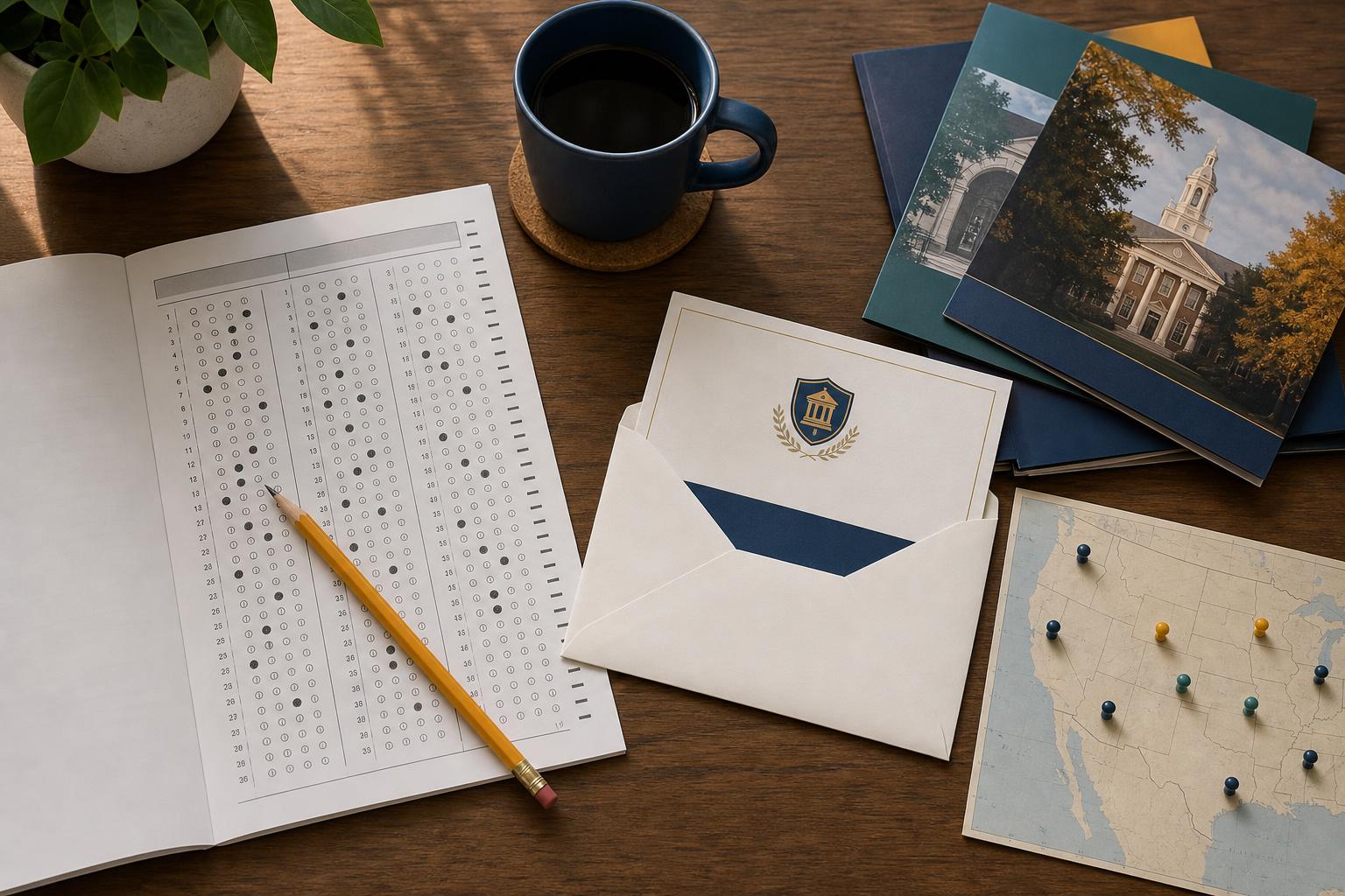 Overhead editorial illustration of a wooden desk with an open SAT answer sheet and pencil, a navy university acceptance envelope, a US map dotted with college pins, a coffee mug, and a stack of college brochures.