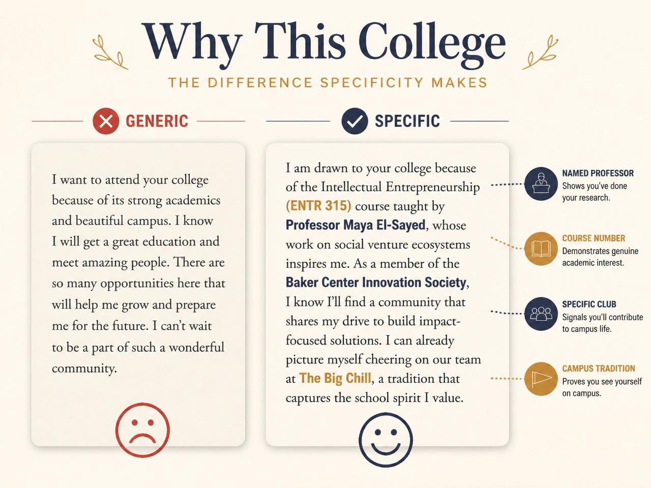 Editorial illustration comparing a generic Why This College essay paragraph on the left with a specific paragraph on the right, with callouts labeling the named professor, course number, specific club, and campus tradition that make the second version work.
